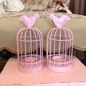 Set of two pink metal bird cage hanging candle holders like new
